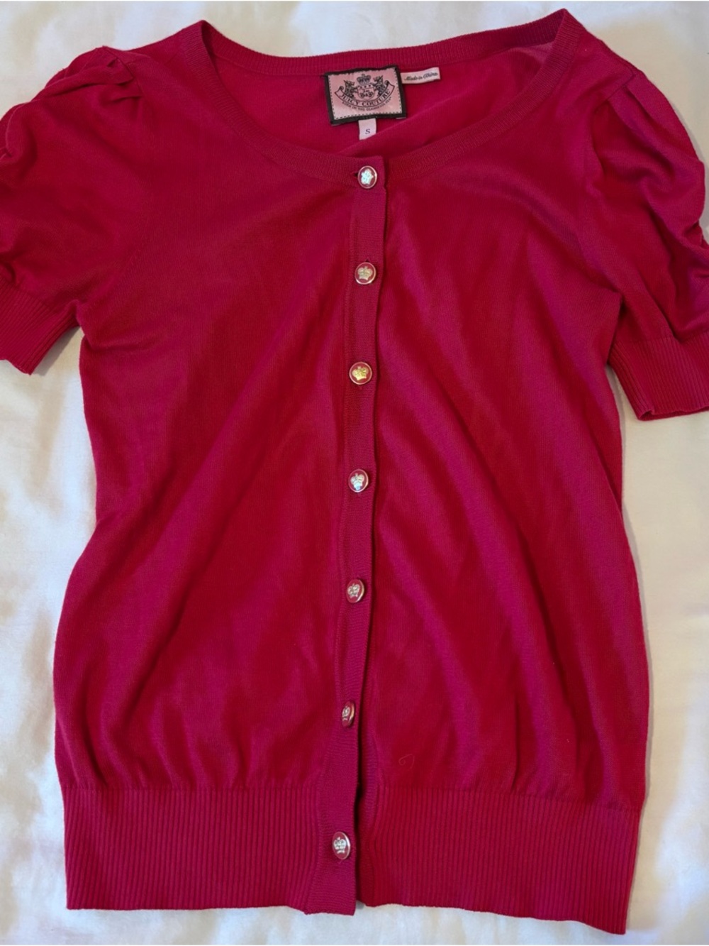Juicy Couture Hot Pink Short Sleeve Cardigan with Crest Buttons